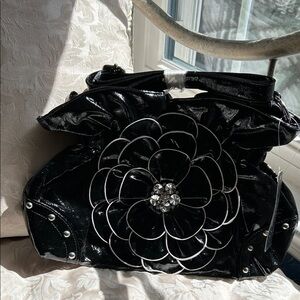 Chic Black Women's Shoulder Bag with Floral & Crystal Accent